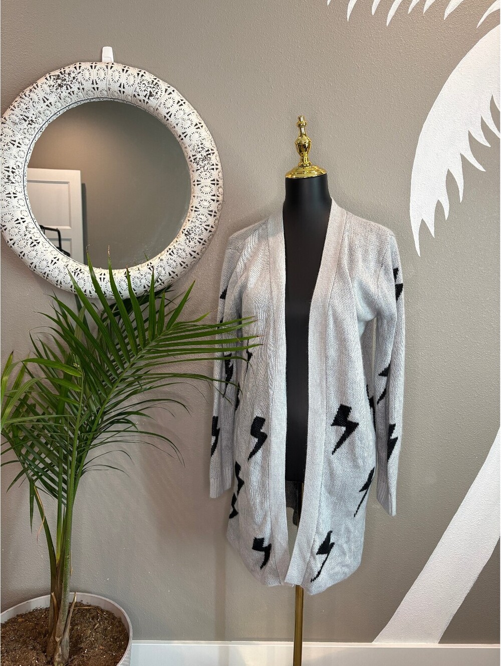 Light Gray Open Front Cardigan with Black Lightning Bolt Pattern